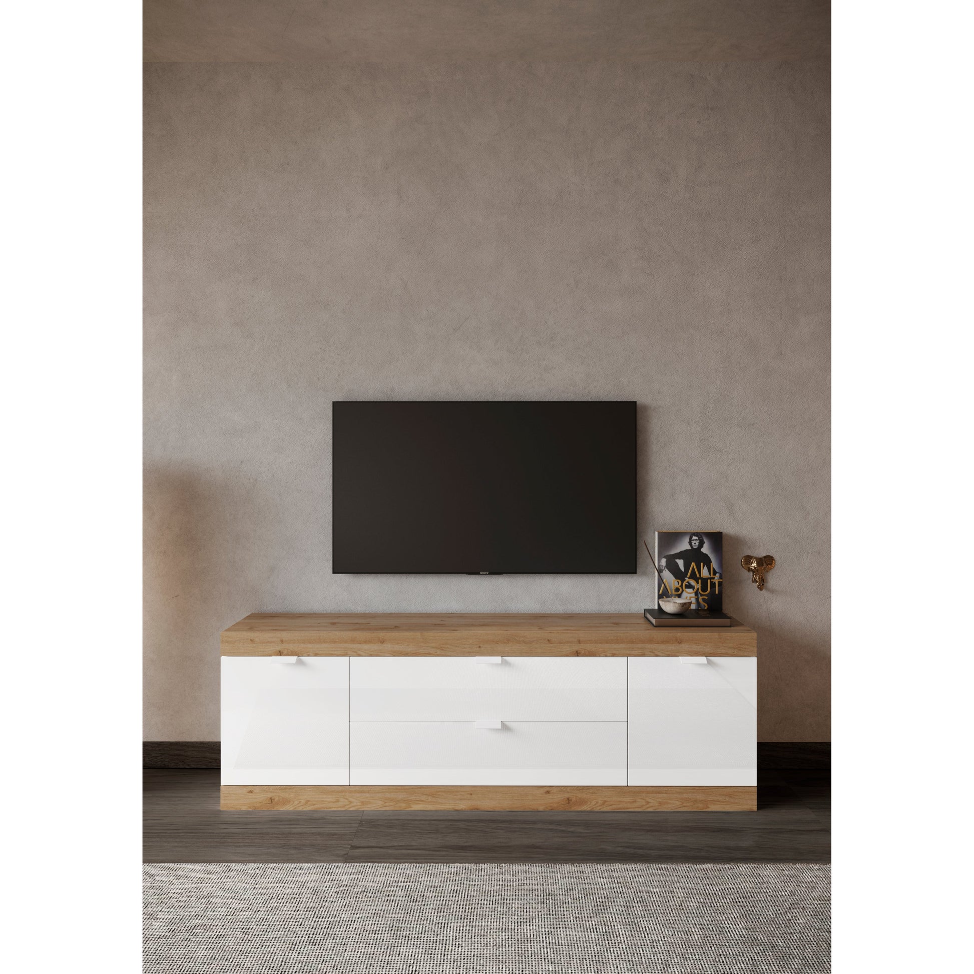 Valencia 2 Door 2 Drawer 180cm White Gloss And Cadiz Oak TV Stand - FurniComp