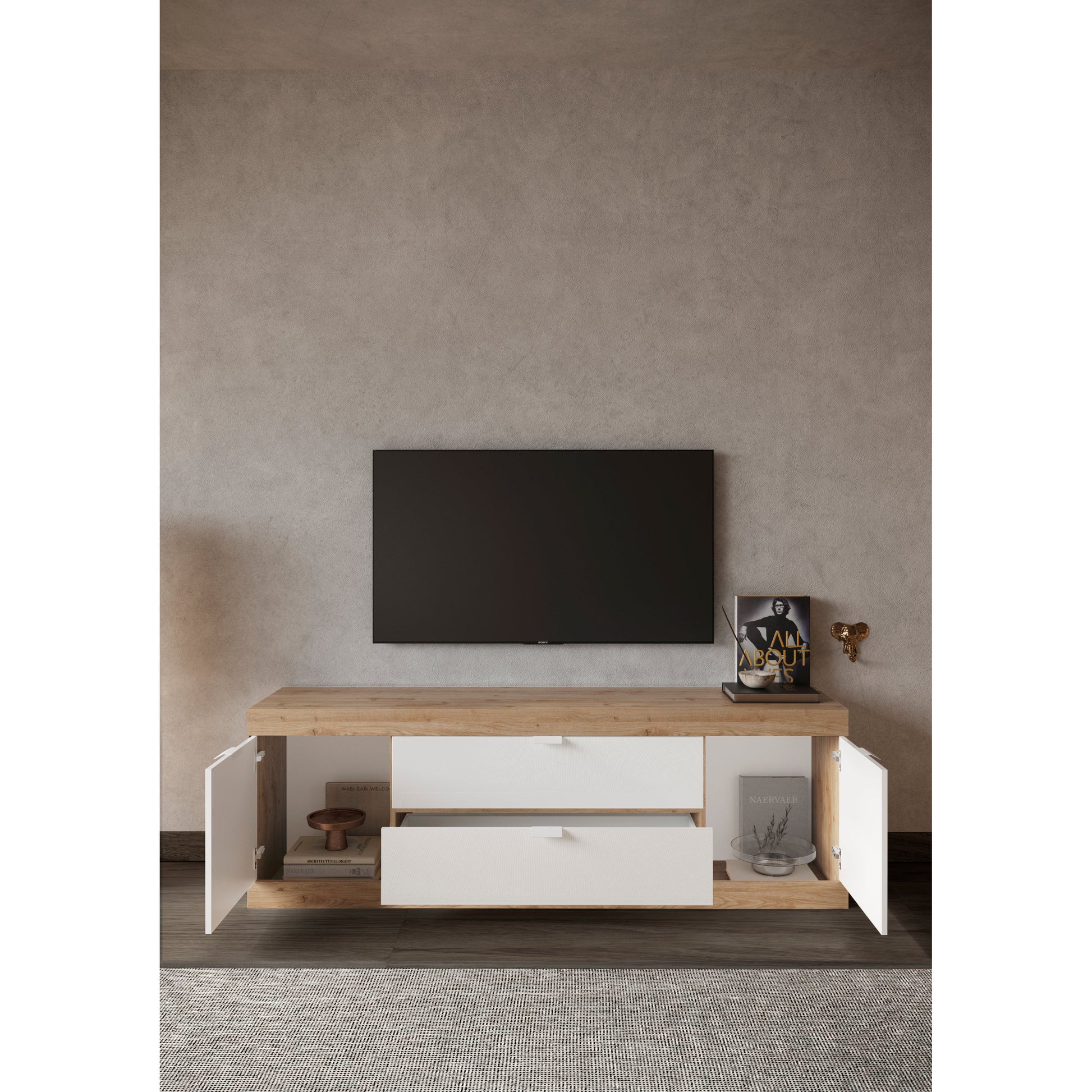 Valencia 2 Door 2 Drawer 180cm White Gloss And Cadiz Oak TV Stand - FurniComp