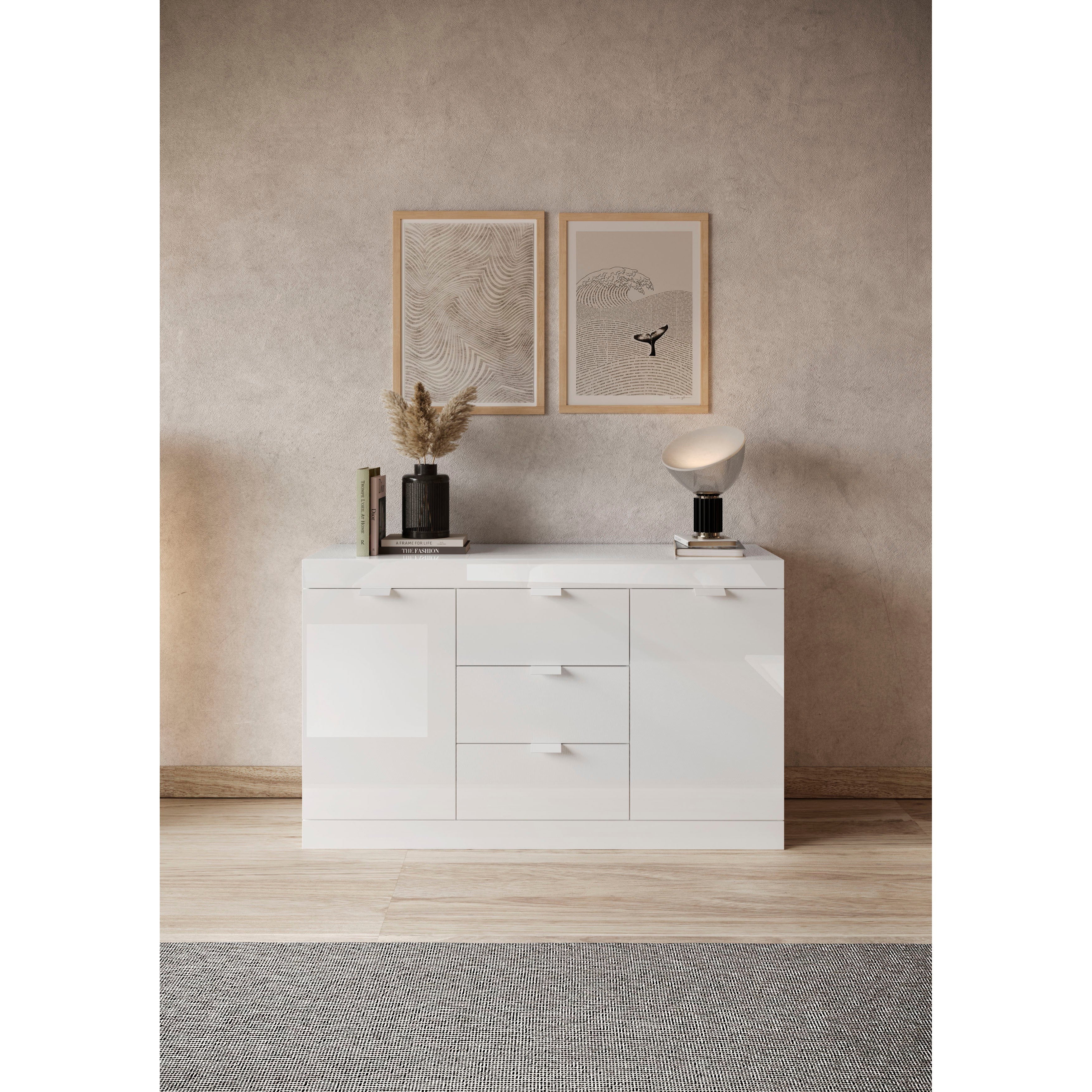 Valencia 2 Door 3 Drawer 135cm White Gloss Sideboard - FurniComp