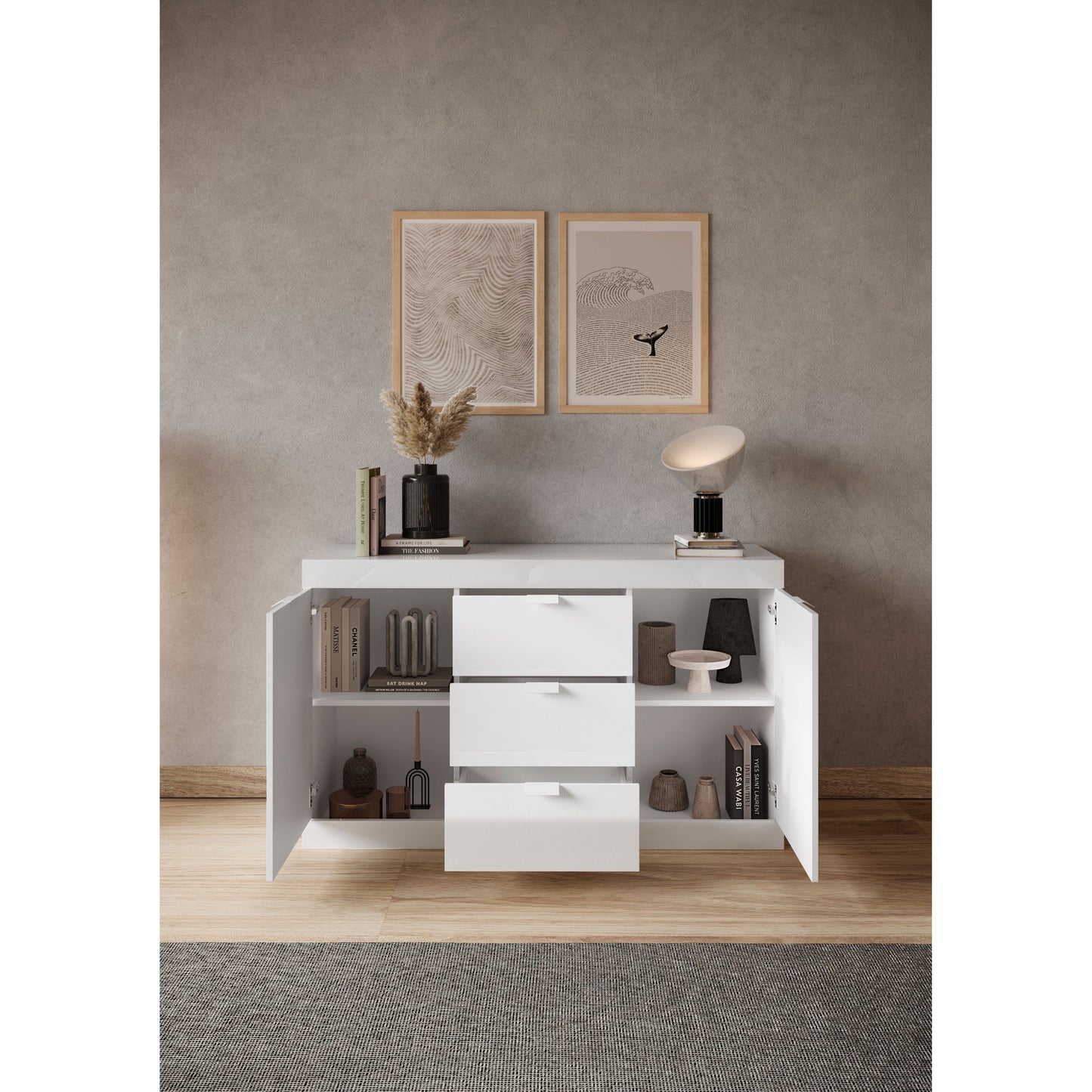 Valencia 2 Door 3 Drawer 135cm White Gloss Sideboard - FurniComp