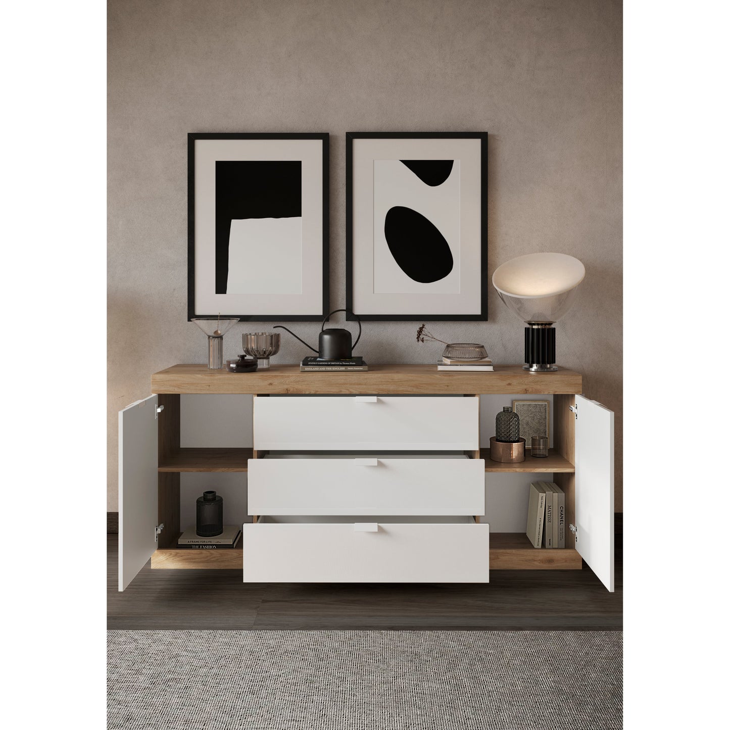 Valencia 2 Door 3 Drawer 180cm White Gloss And Cadiz Oak Sideboard - FurniComp