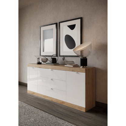 Valencia 2 Door 3 Drawer 180cm White Gloss And Cadiz Oak Sideboard - FurniComp