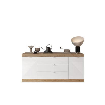 Valencia 2 Door 3 Drawer 180cm White Gloss And Cadiz Oak Sideboard - FurniComp