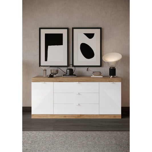 Valencia 2 Door 3 Drawer 180cm White Gloss And Cadiz Oak Sideboard - FurniComp