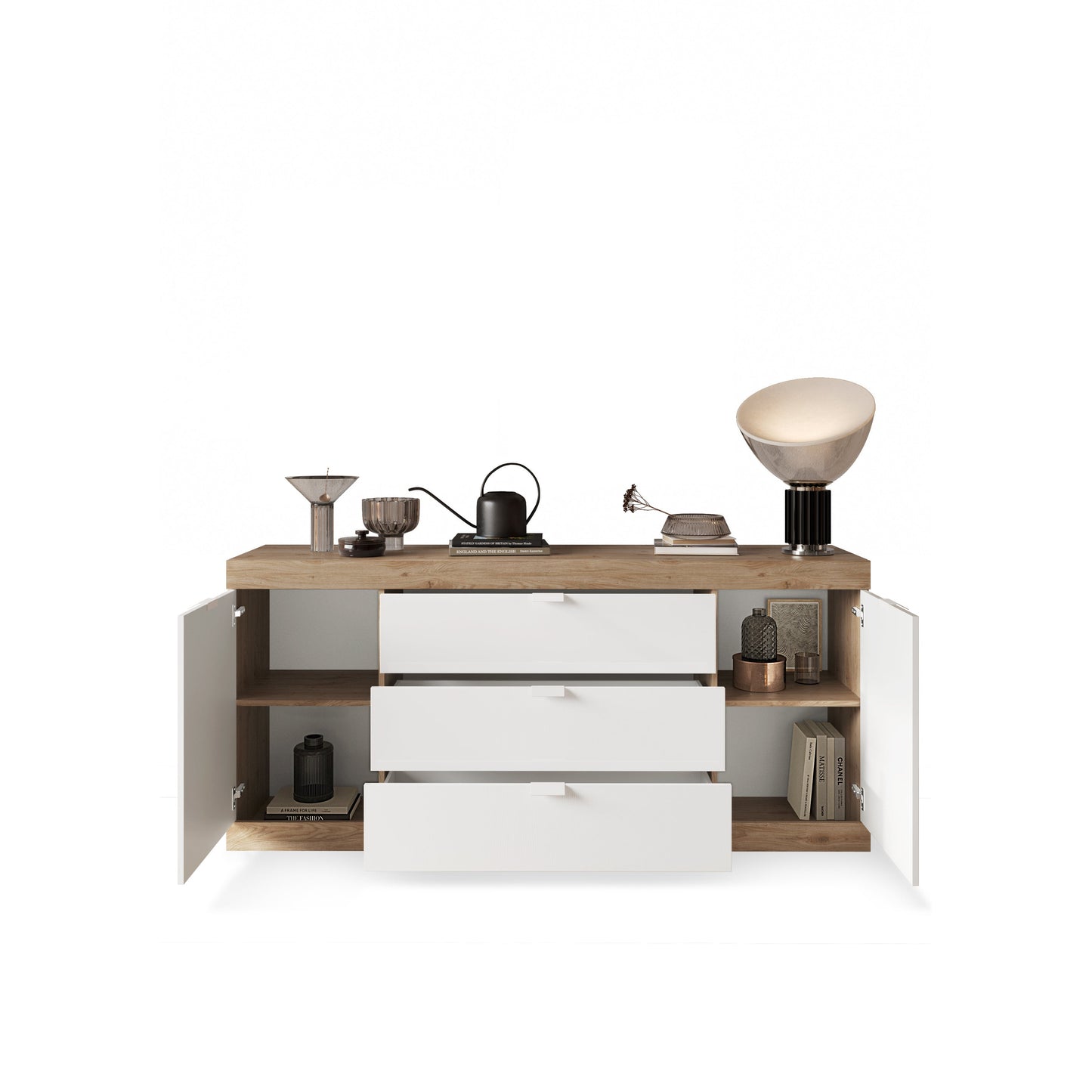 Valencia 2 Door 3 Drawer 180cm White Gloss And Cadiz Oak Sideboard - FurniComp