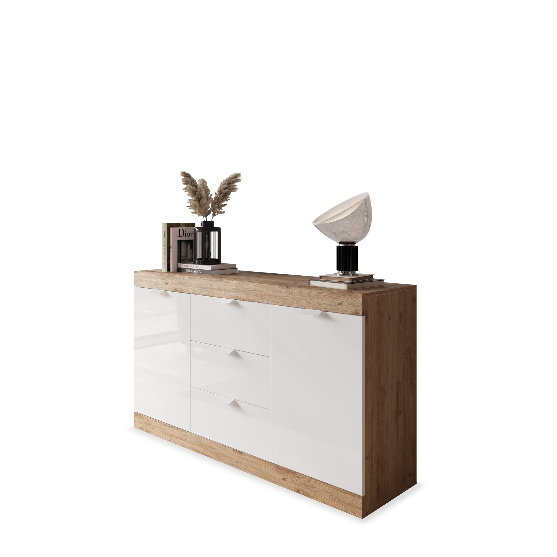 Valencia 2 Door 3 Drawer 135cm White Gloss And Cadiz Oak Sideboard - FurniComp