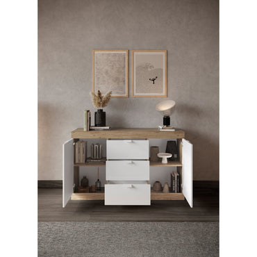 Valencia 2 Door 3 Drawer 135cm White Gloss And Cadiz Oak Sideboard - FurniComp