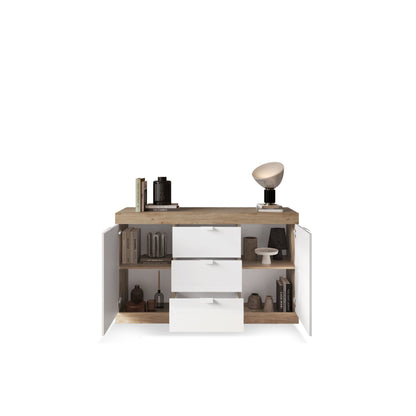 Valencia 2 Door 3 Drawer 135cm White Gloss And Cadiz Oak Sideboard - FurniComp