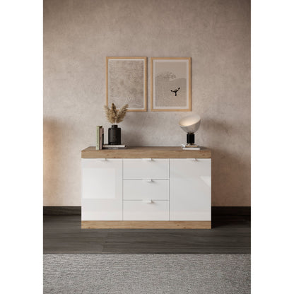 Valencia 2 Door 3 Drawer 135cm White Gloss And Cadiz Oak Sideboard - FurniComp