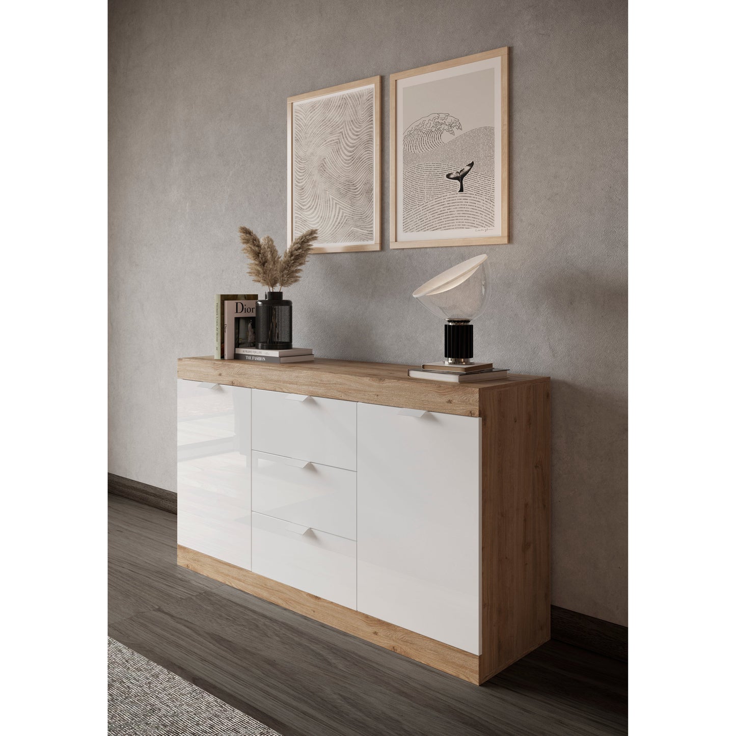 Valencia 2 Door 3 Drawer 135cm White Gloss And Cadiz Oak Sideboard - FurniComp