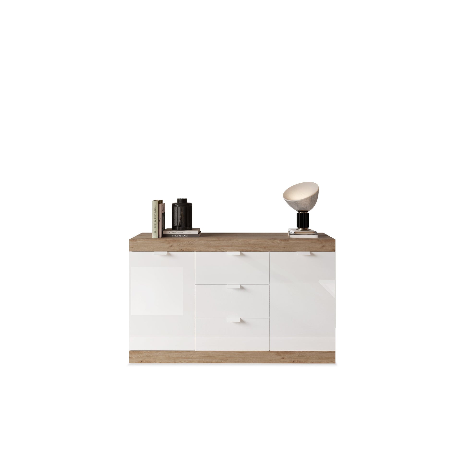 Valencia 2 Door 3 Drawer 135cm White Gloss And Cadiz Oak Sideboard - FurniComp