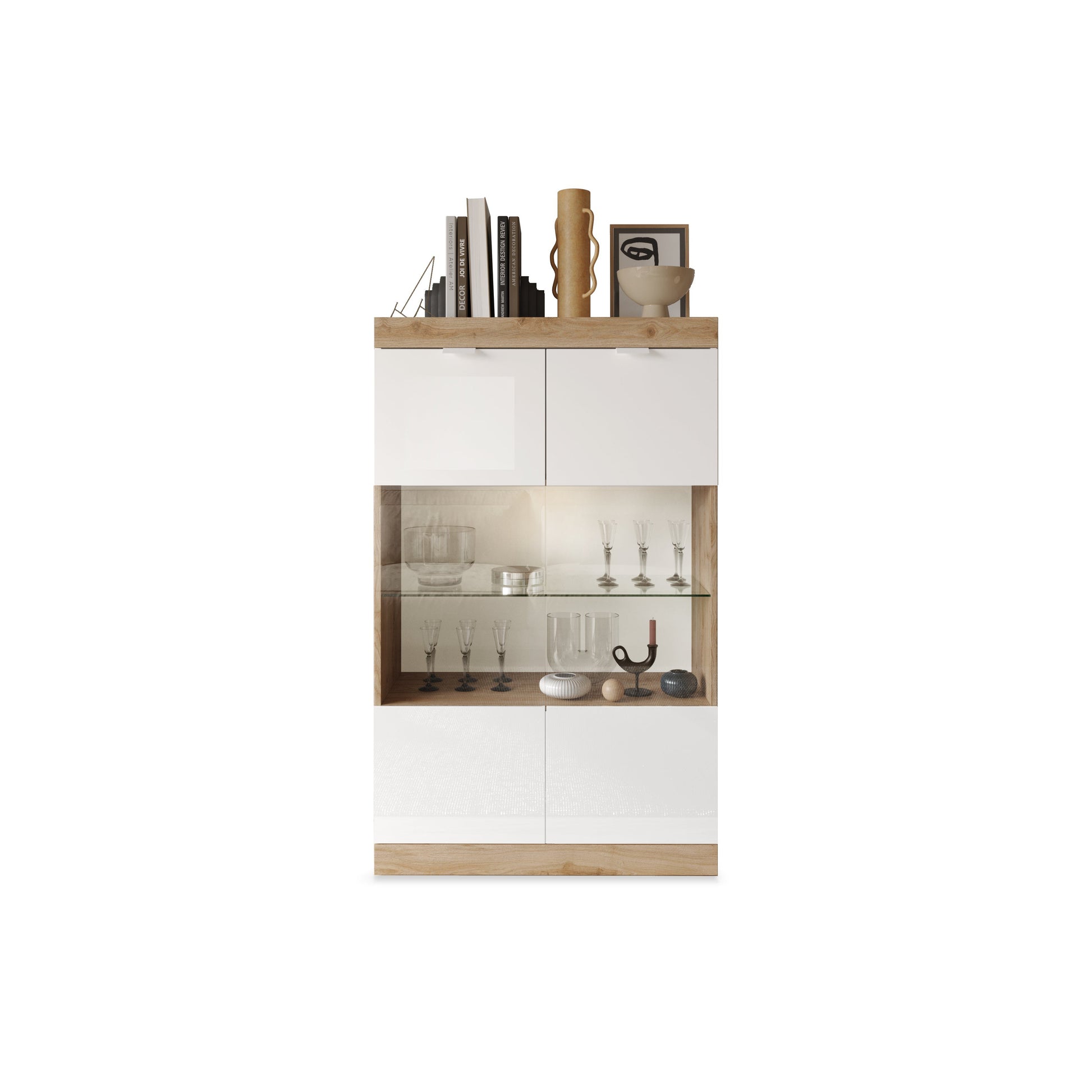 Valencia 2 Door 90cm White Gloss And Cadiz Oak Glass Display Cabinet - FurniComp