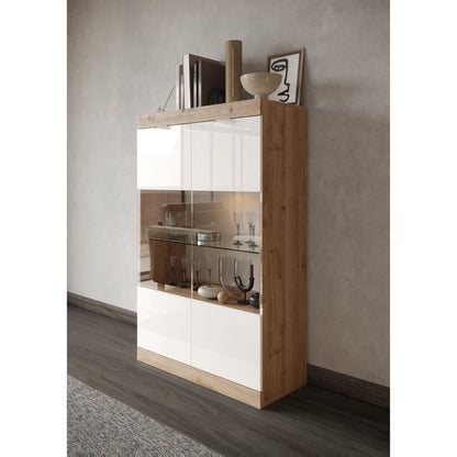 Valencia 2 Door 90cm White Gloss And Cadiz Oak Glass Display Cabinet - FurniComp