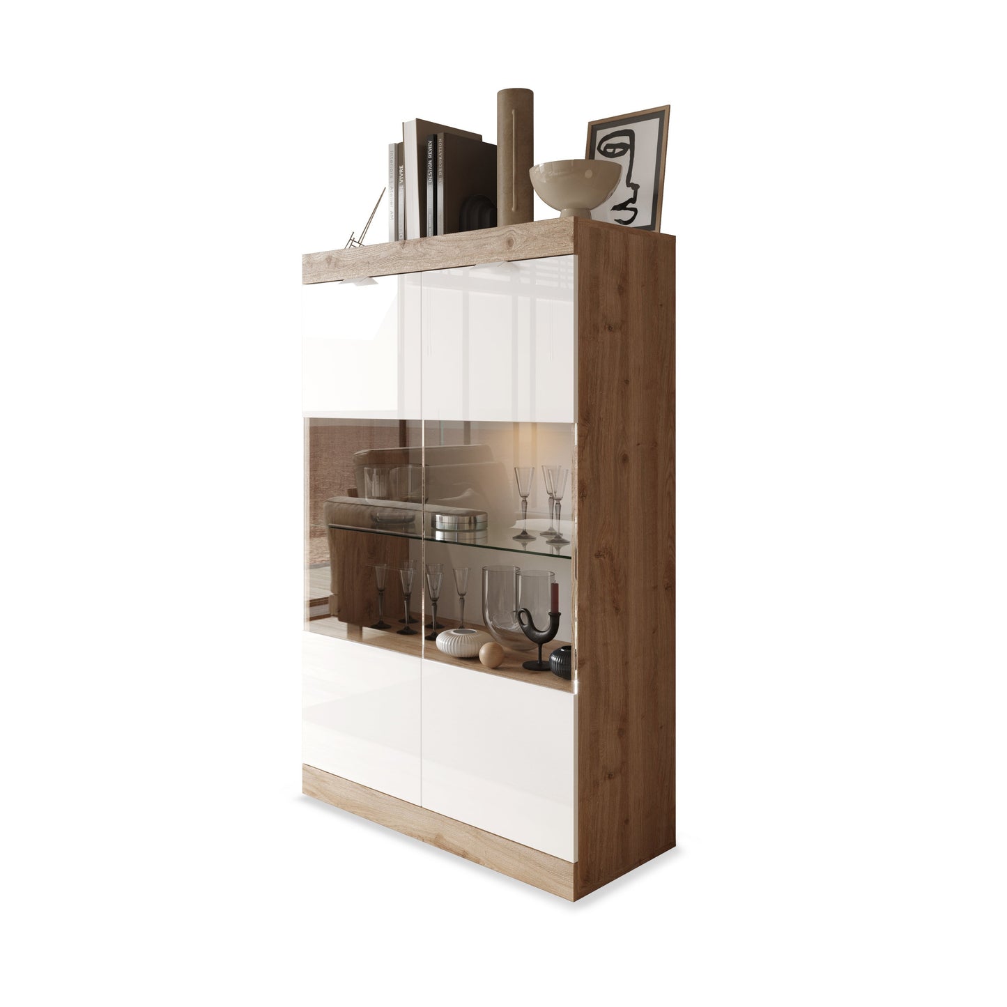 Valencia 2 Door 90cm White Gloss And Cadiz Oak Glass Display Cabinet - FurniComp