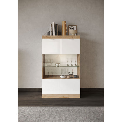 Valencia 2 Door 90cm White Gloss And Cadiz Oak Glass Display Cabinet - FurniComp