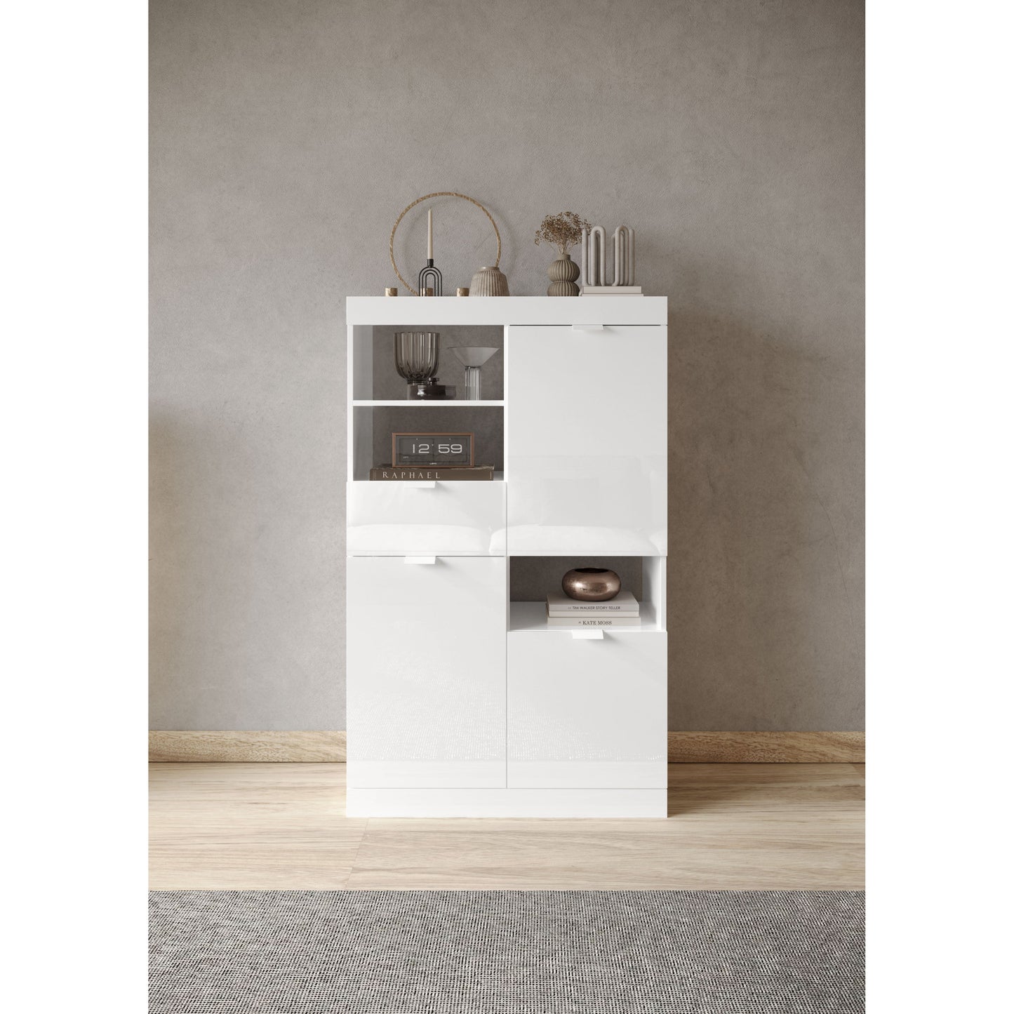 Valencia 3 Door 1 Drawer 90cm White Gloss Highboard/Tall Sideboard - FurniComp