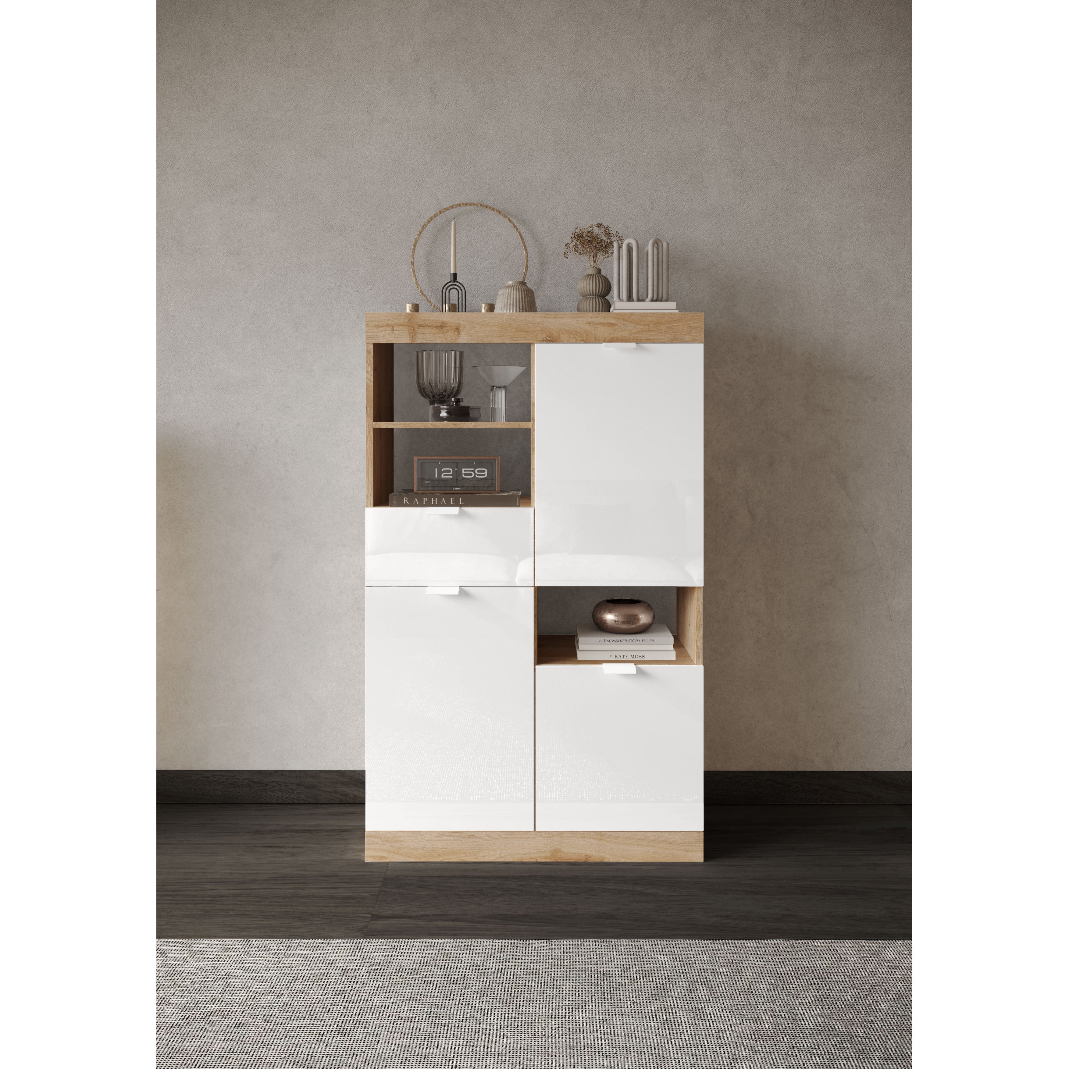 Valencia 3 Door 1 Drawer 90cm White Gloss And Cadiz Oak Highboard/Tall Sideboard - FurniComp