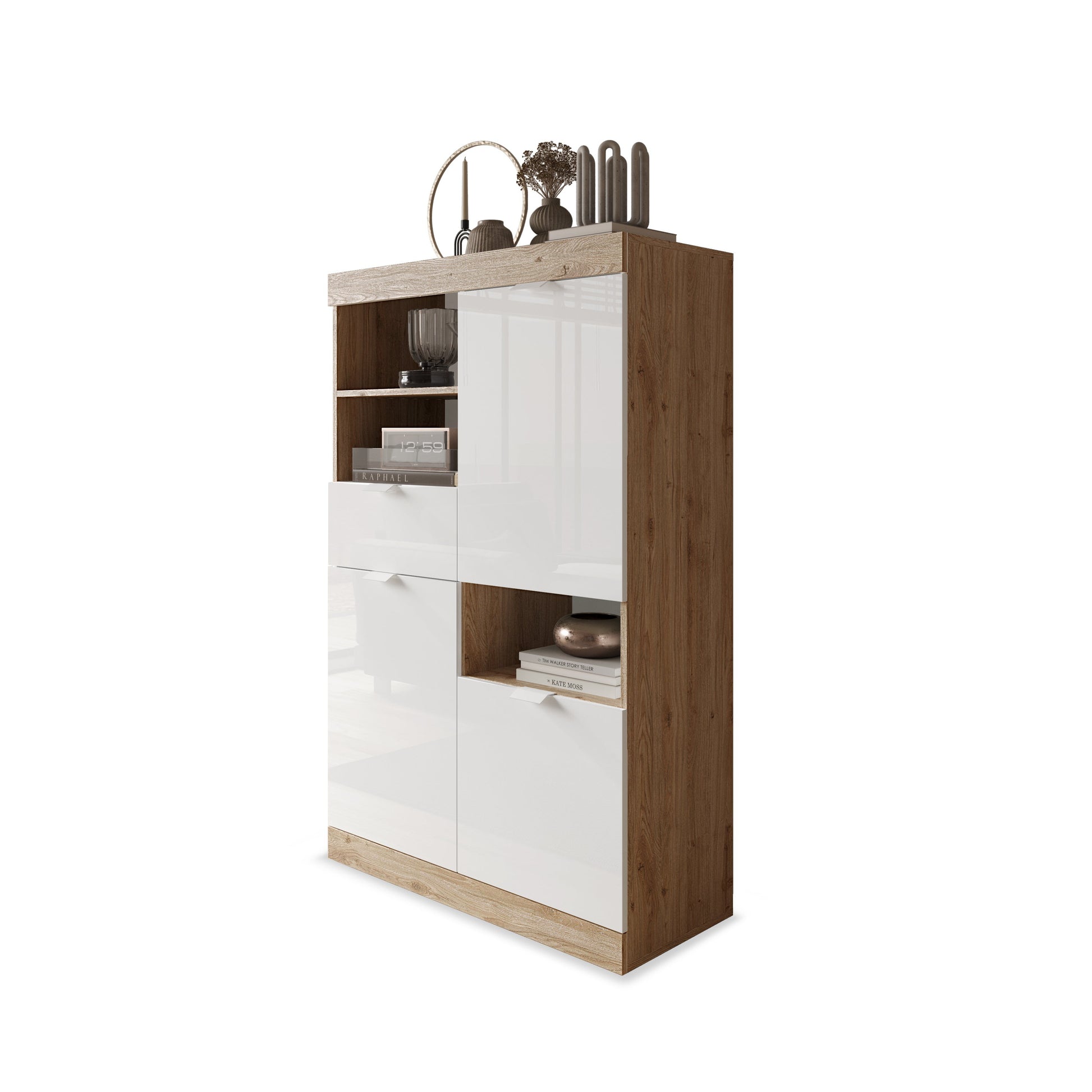 Valencia 3 Door 1 Drawer 90cm White Gloss And Cadiz Oak Highboard/Tall Sideboard - FurniComp