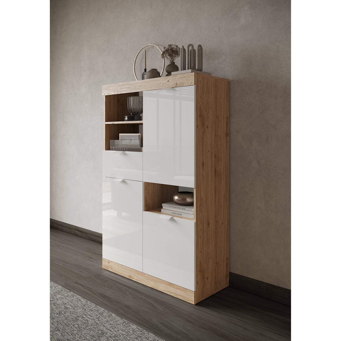 Valencia 3 Door 1 Drawer 90cm White Gloss And Cadiz Oak Highboard/Tall Sideboard - FurniComp