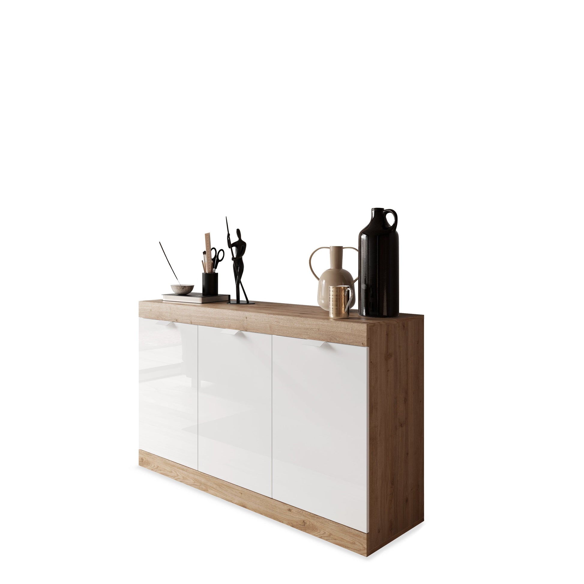 Valencia 3 Door 135cm White Gloss And Cadiz Oak Sideboard - FurniComp