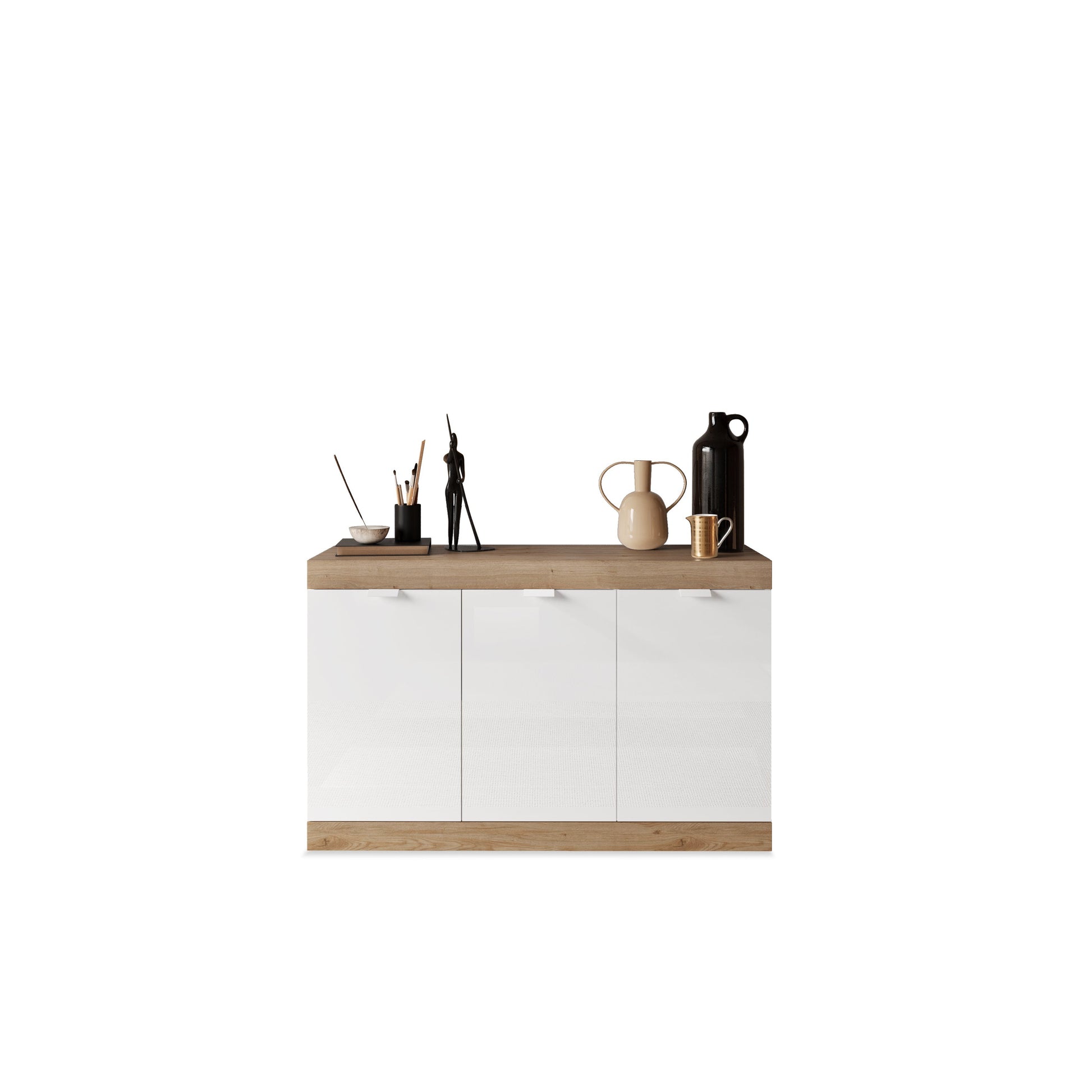 Valencia 3 Door 135cm White Gloss And Cadiz Oak Sideboard - FurniComp