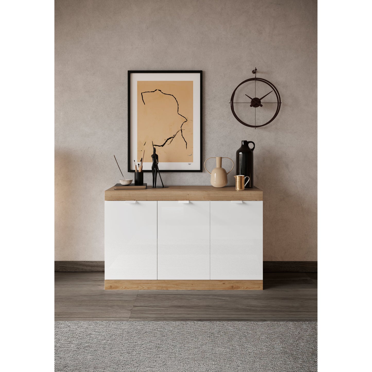 Valencia 3 Door 135cm White Gloss And Cadiz Oak Sideboard - FurniComp