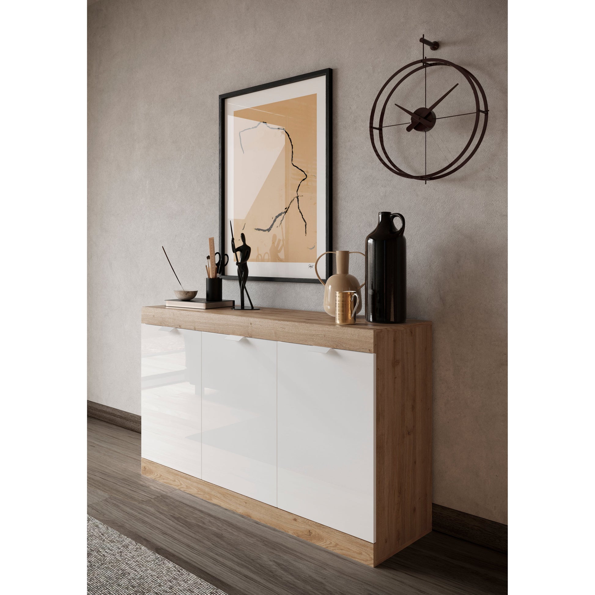 Valencia 3 Door 135cm White Gloss And Cadiz Oak Sideboard - FurniComp