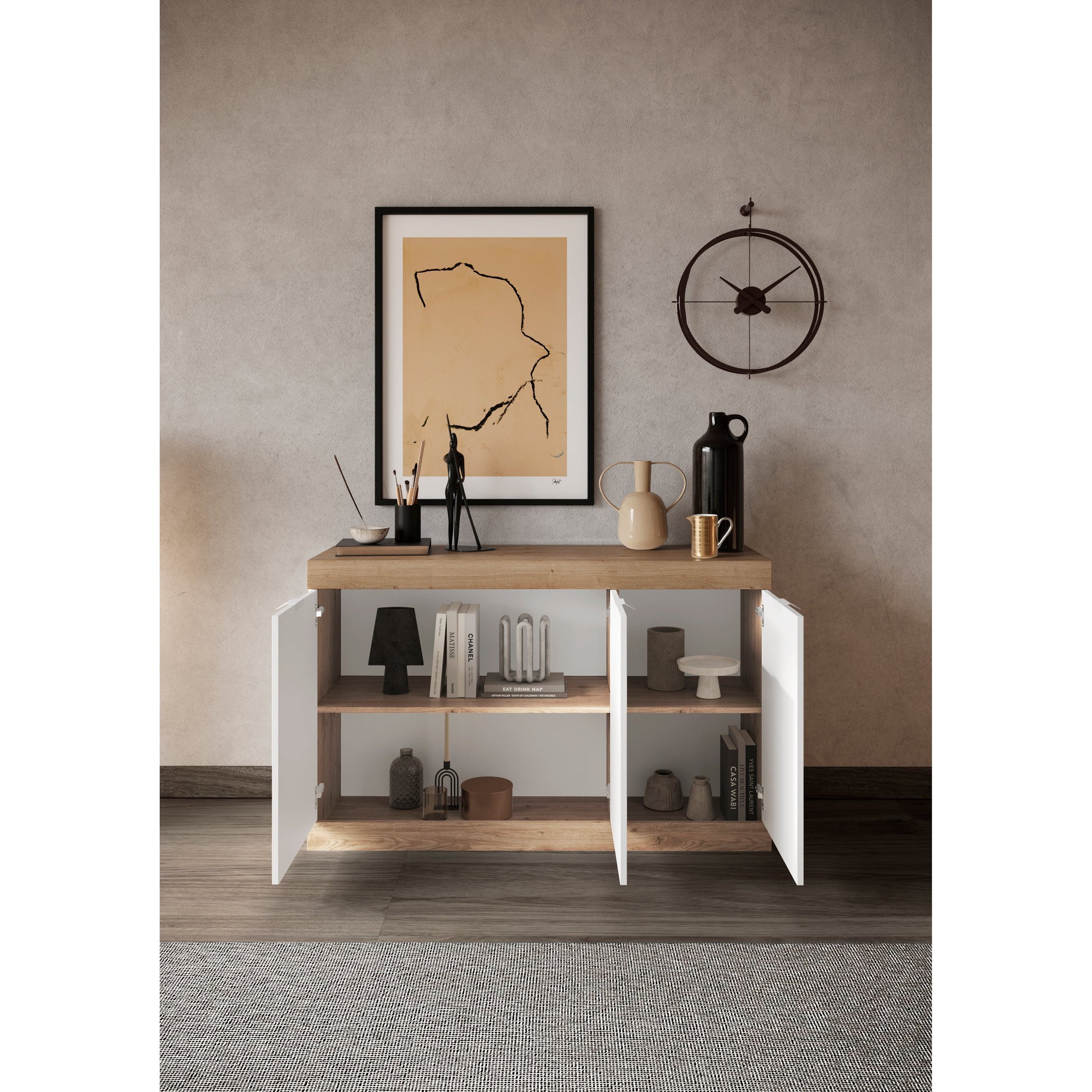 Valencia 3 Door 135cm White Gloss And Cadiz Oak Sideboard - FurniComp