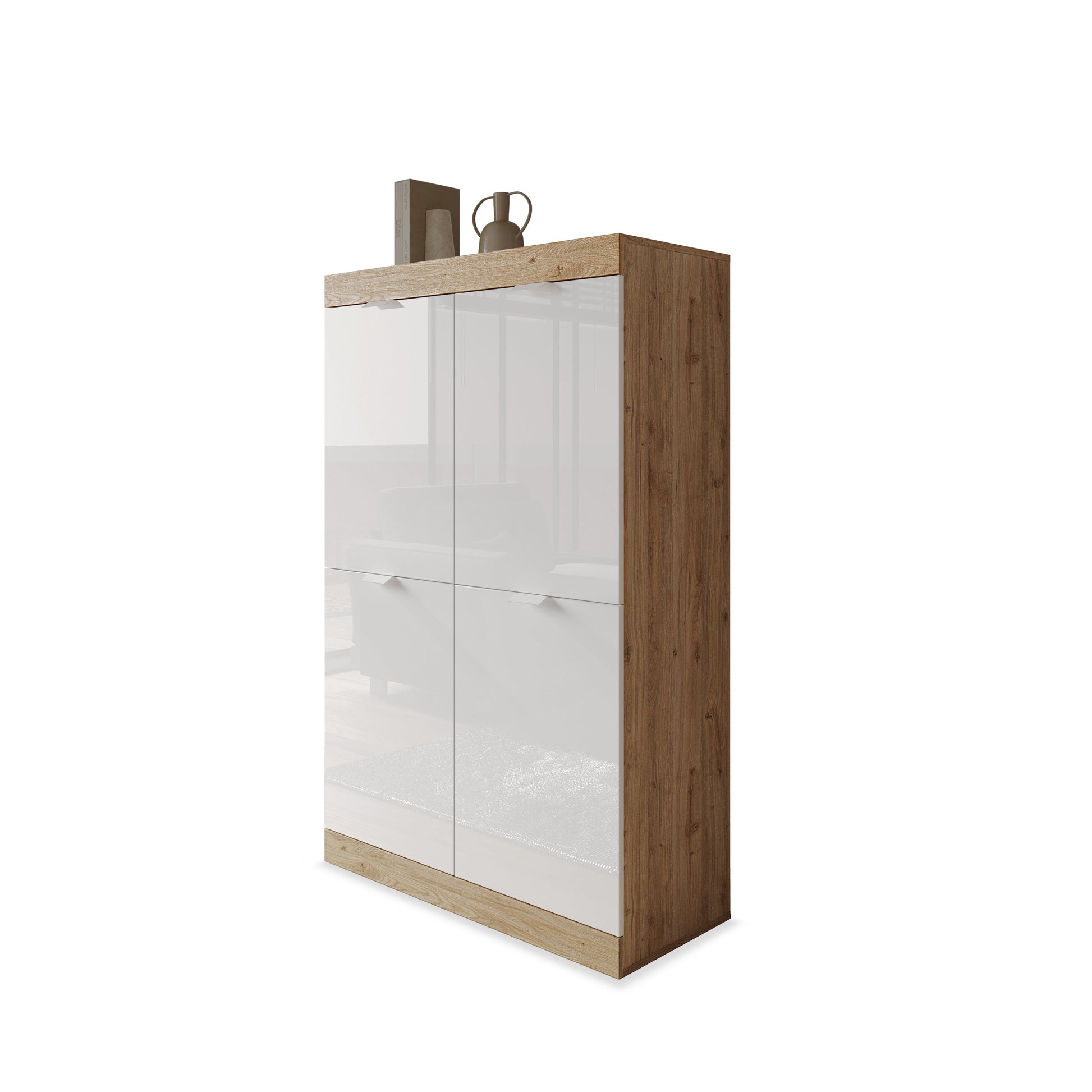 Valencia 4 Door 90cm White Gloss And Cadiz Oak Tall Sideboard/Highboard - FurniComp