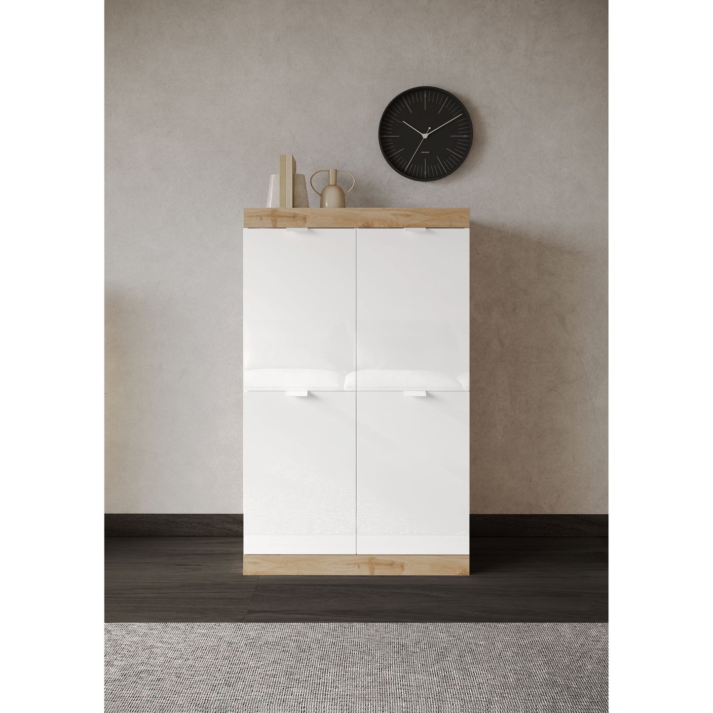 Valencia 4 Door 90cm White Gloss And Cadiz Oak Tall Sideboard/Highboard - FurniComp