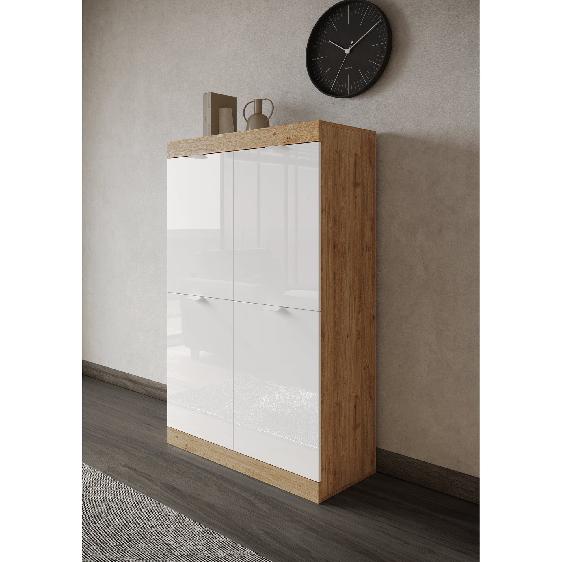 Valencia 4 Door 90cm White Gloss And Cadiz Oak Tall Sideboard/Highboard - FurniComp