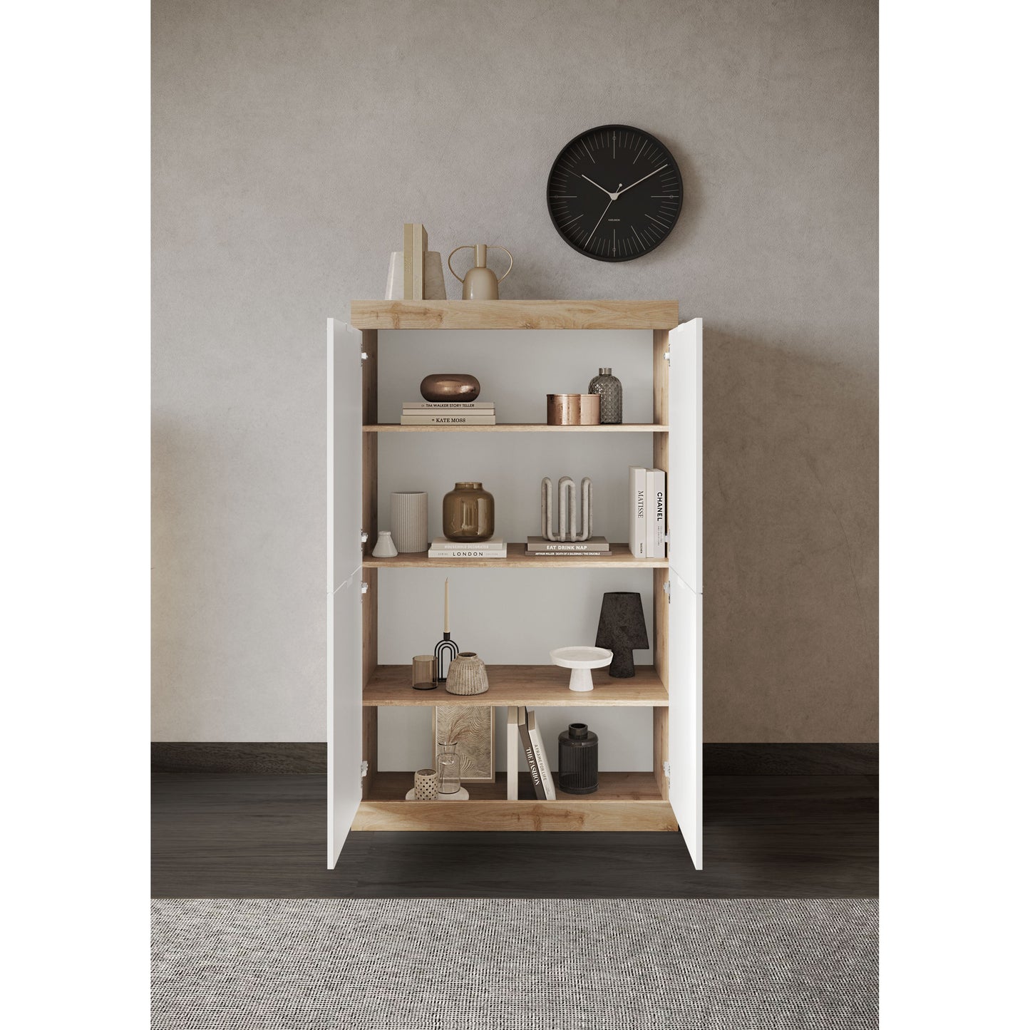 Valencia 4 Door 90cm White Gloss And Cadiz Oak Tall Sideboard/Highboard - FurniComp