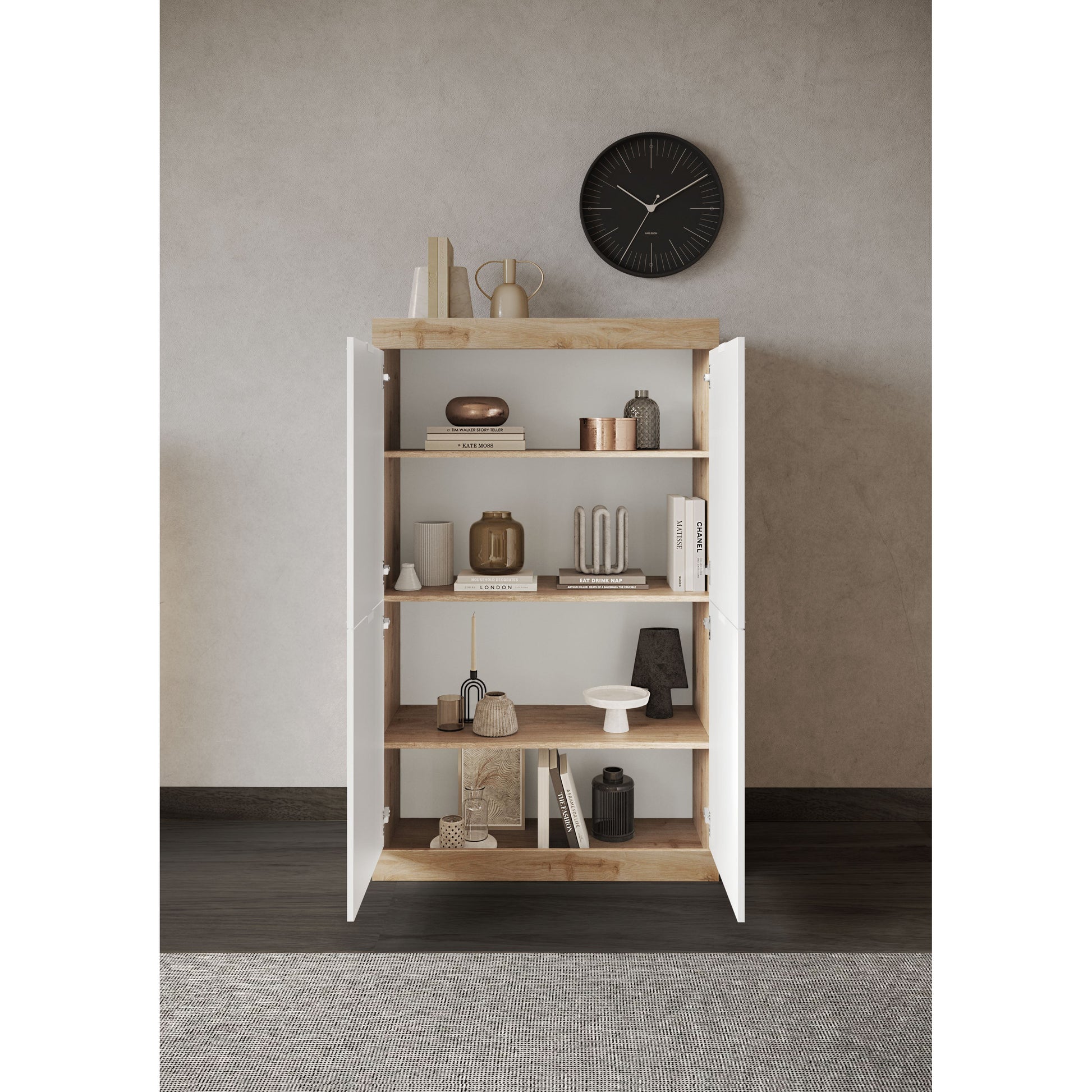 Valencia 4 Door 90cm White Gloss And Cadiz Oak Tall Sideboard/Highboard - FurniComp