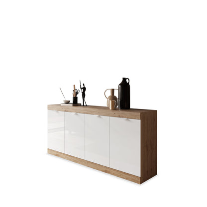 Valencia 4 Door 180cm White Gloss And Cadiz Oak Sideboard - FurniComp