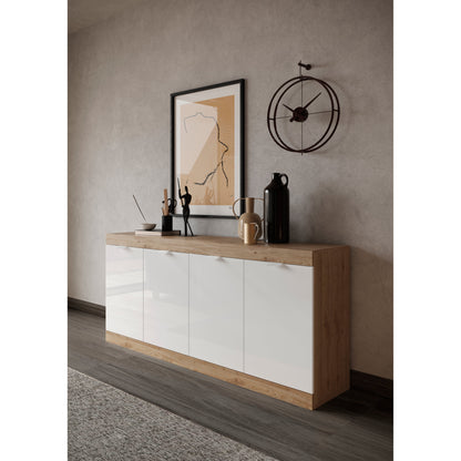 Valencia 4 Door 180cm White Gloss And Cadiz Oak Sideboard - FurniComp