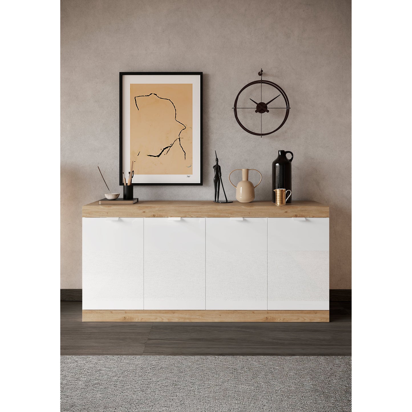 Valencia 4 Door 180cm White Gloss And Cadiz Oak Sideboard - FurniComp