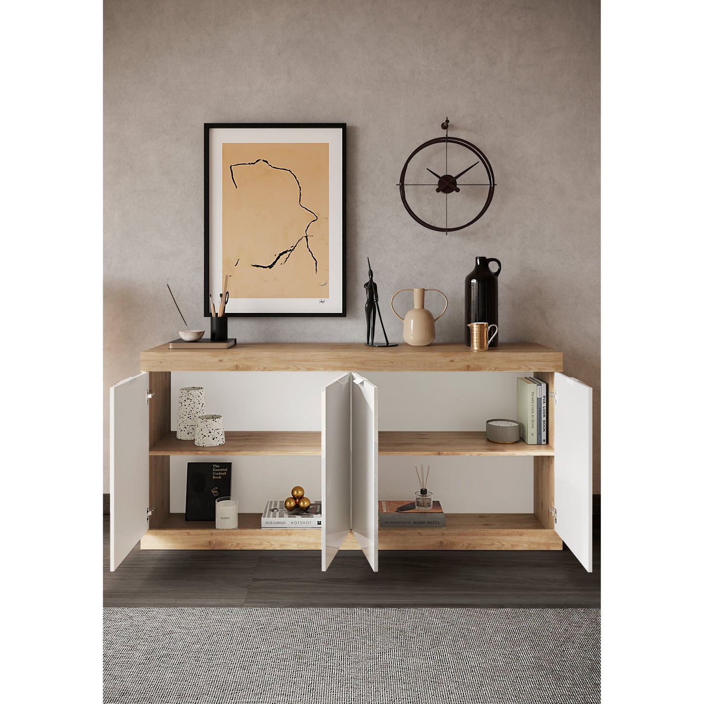 Valencia 4 Door 180cm White Gloss And Cadiz Oak Sideboard - FurniComp