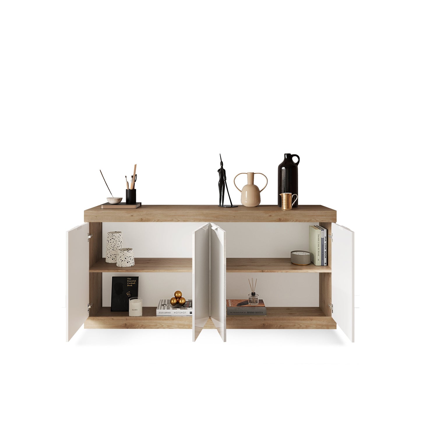 Valencia 4 Door 180cm White Gloss And Cadiz Oak Sideboard - FurniComp