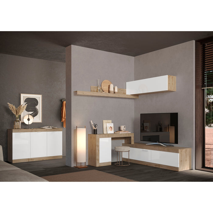 Valencia 2 Door 90cm White Gloss And Cadiz Oak Glass Display Cabinet - FurniComp