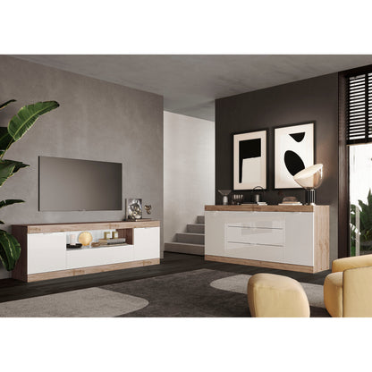 Valencia 2 Door 1 Drawer 180cm White Gloss And Cadiz Oak TV Stand - FurniComp