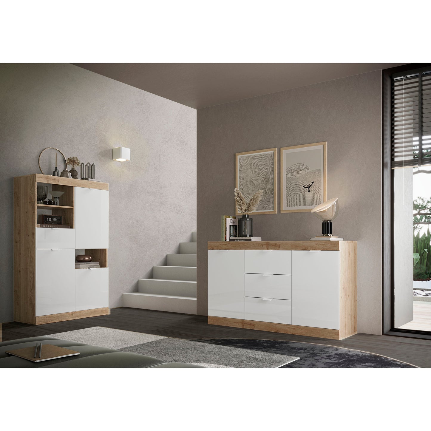 Valencia 2 Door 1 Drawer 180cm White Gloss And Cadiz Oak TV Stand - FurniComp