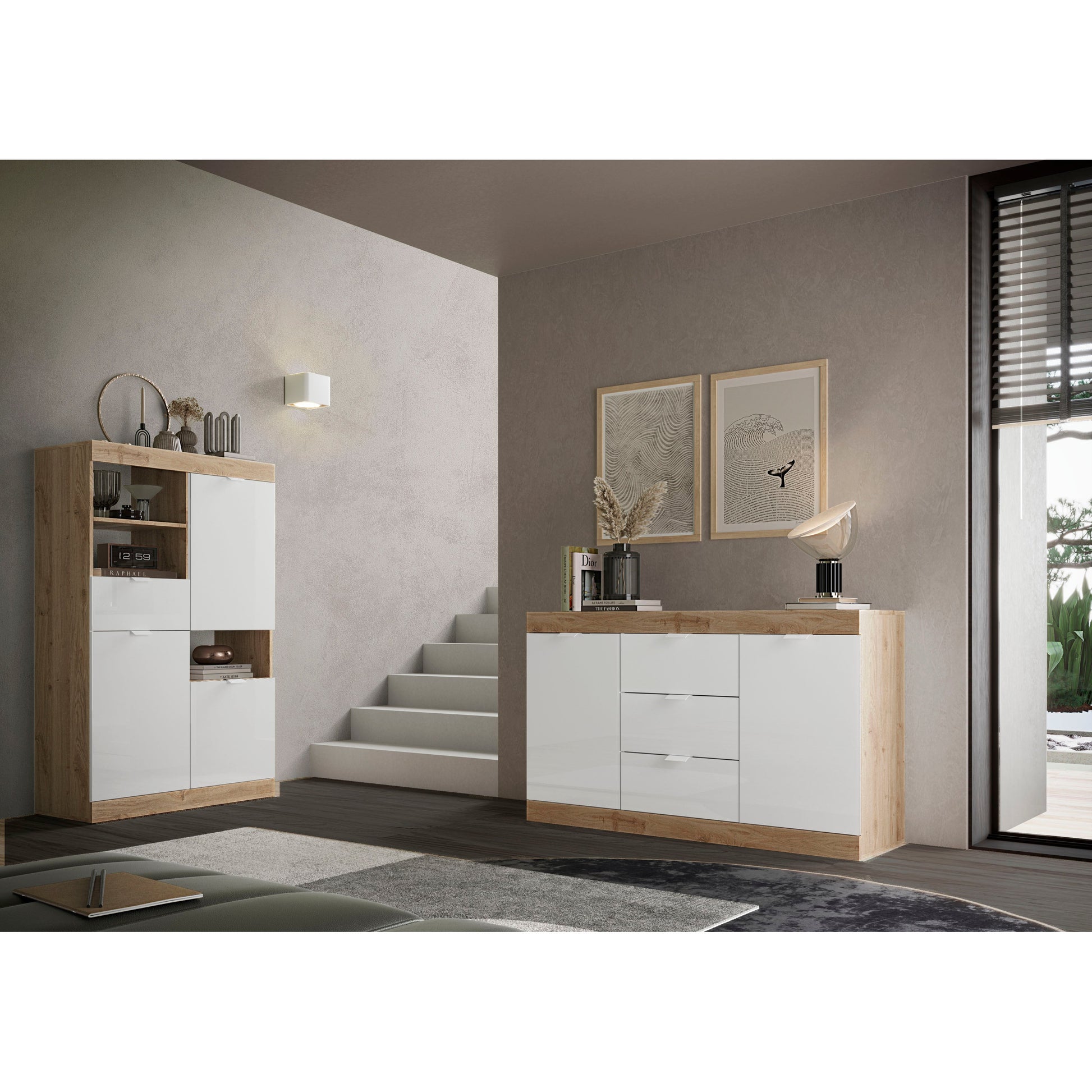 Valencia 4 Door 180cm White Gloss And Cadiz Oak Sideboard - FurniComp