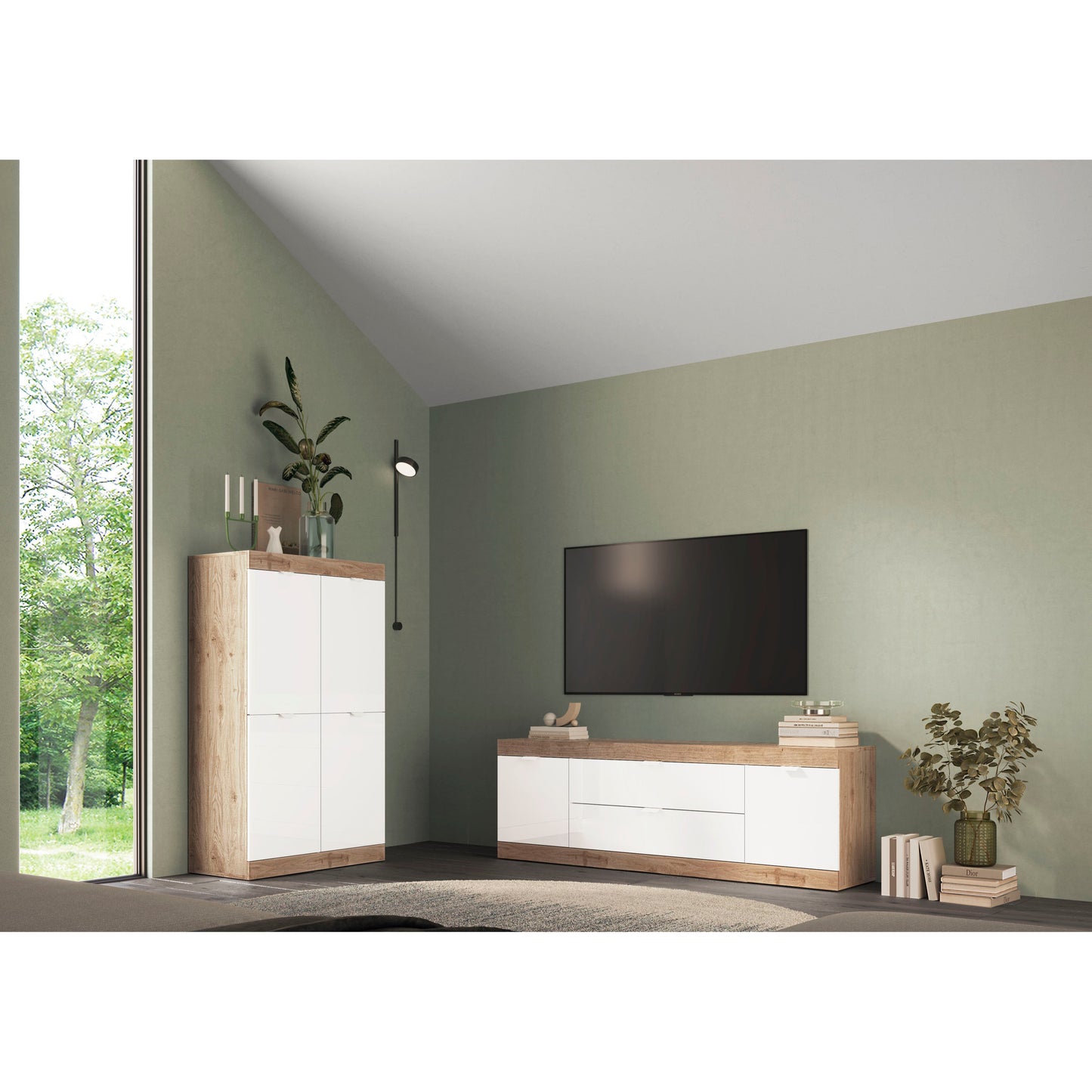 Valencia 2 Door 1 Drawer 180cm White Gloss And Cadiz Oak TV Stand - FurniComp