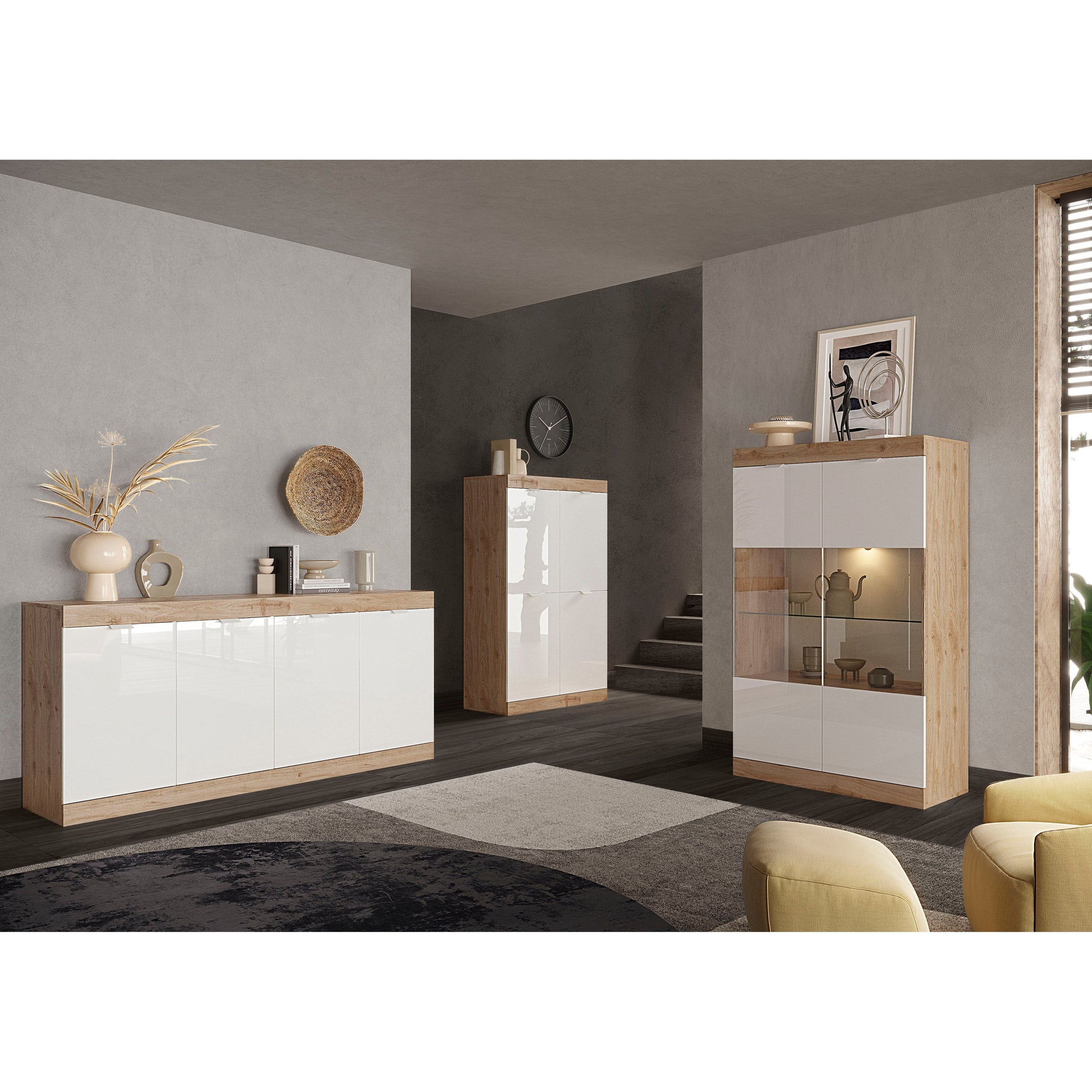 Valencia 2 Door 1 Drawer 180cm White Gloss And Cadiz Oak TV Stand - FurniComp