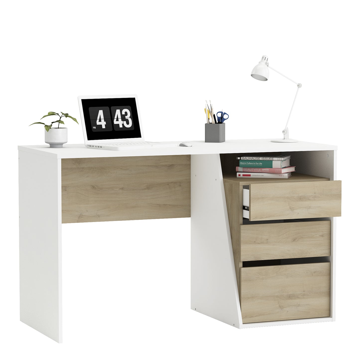 Valerie White and Oak Office Study Desk with Storage Drawers - FurniComp