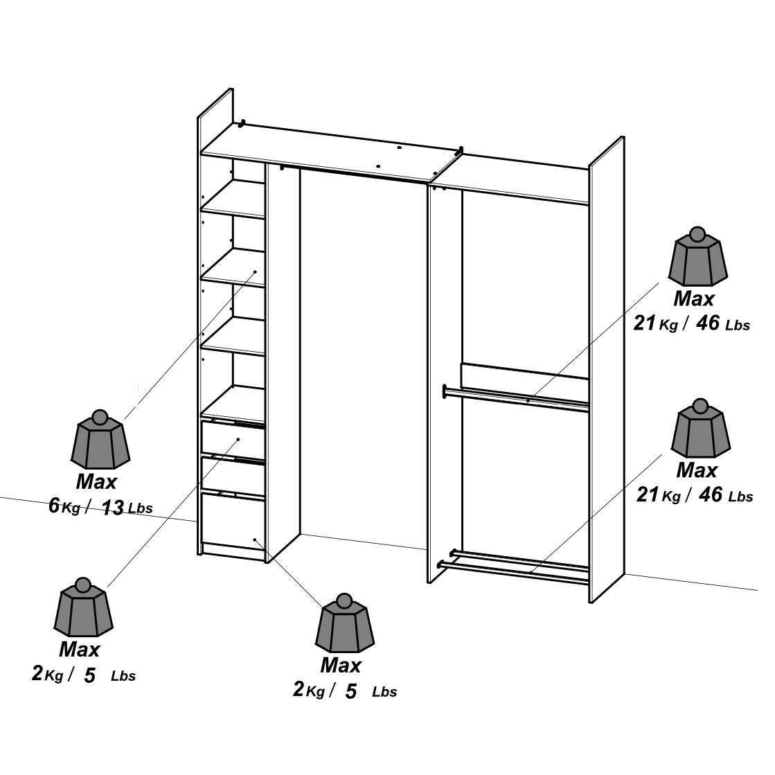 Veera 3 Drawer Extendable Open Corner Wardrobe with Shelves and Rail - Matt White & Oak - FurniComp
