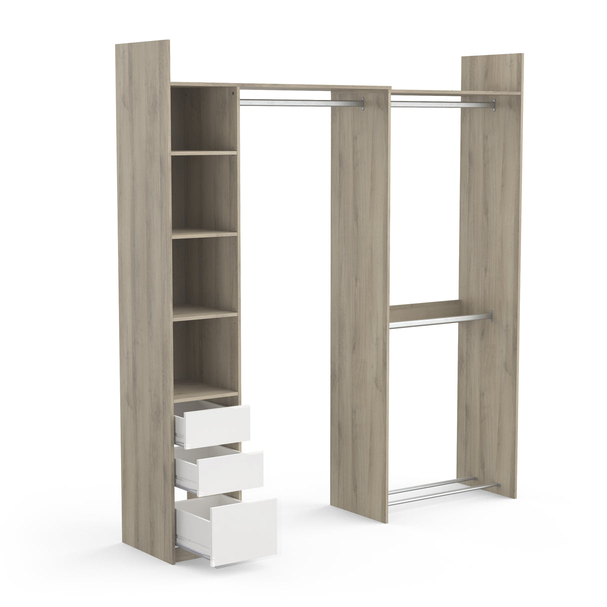 Veera 3 Drawer Extendable Open Corner Wardrobe with Shelves and Rail - Matt White & Oak - FurniComp