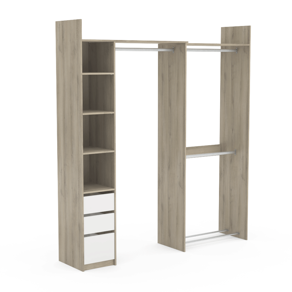 Veera 3 Drawer Extendable Open Corner Wardrobe with Shelves and Rail - Matt White & Oak - FurniComp