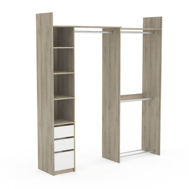 Veera 3 Drawer Extendable Open Corner Wardrobe with Shelves and Rail - Matt White & Oak - FurniComp