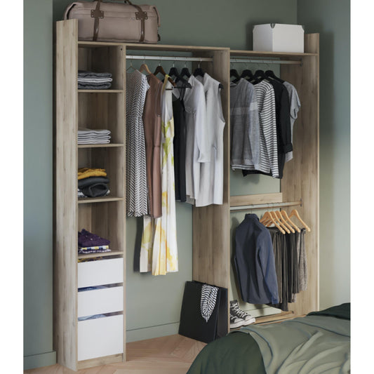 Veera 3 Drawer Extendable Open Corner Wardrobe with Shelves and Rail - Matt White & Oak - FurniComp